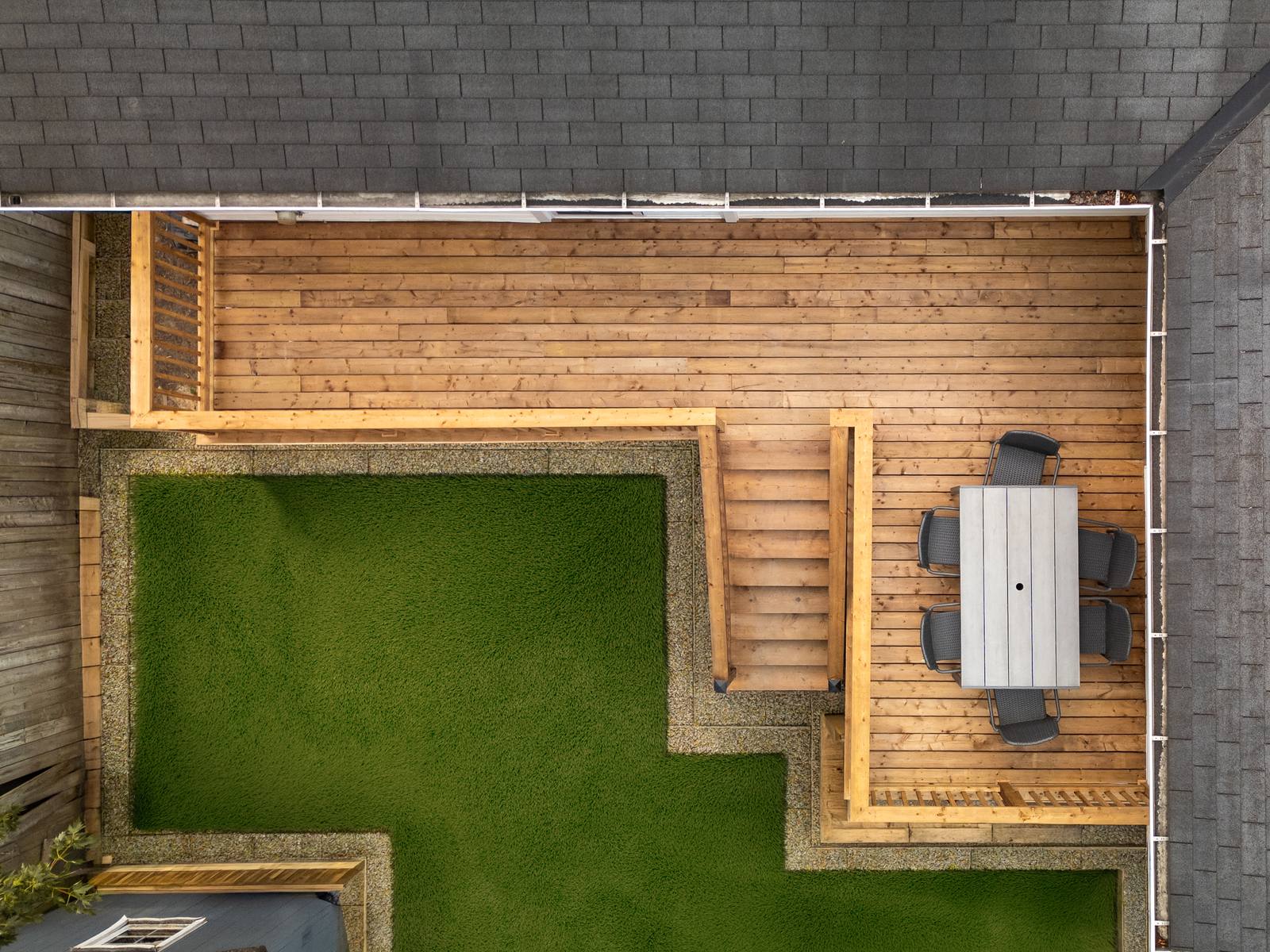Aerial photo of a backyard deck build by Coronation Construction